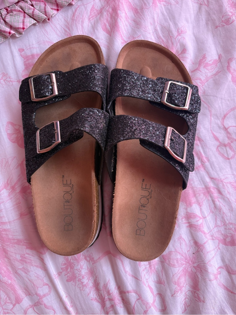 Boutique by Corkys Black Glitter Double Buckle Slide Sandals Women’s